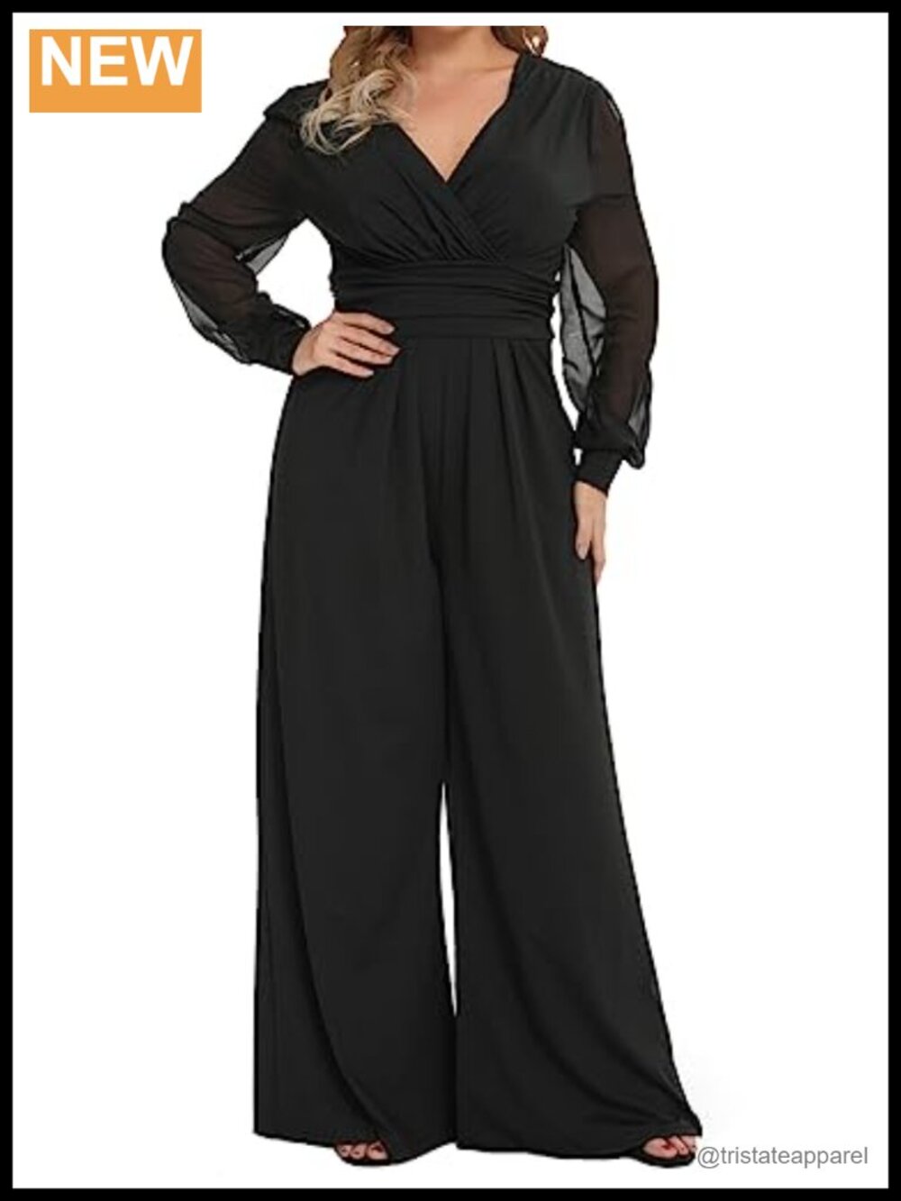 Plus Size Mesh Long Sleeve V Neck Wide Leg Jumpsuit One Piece